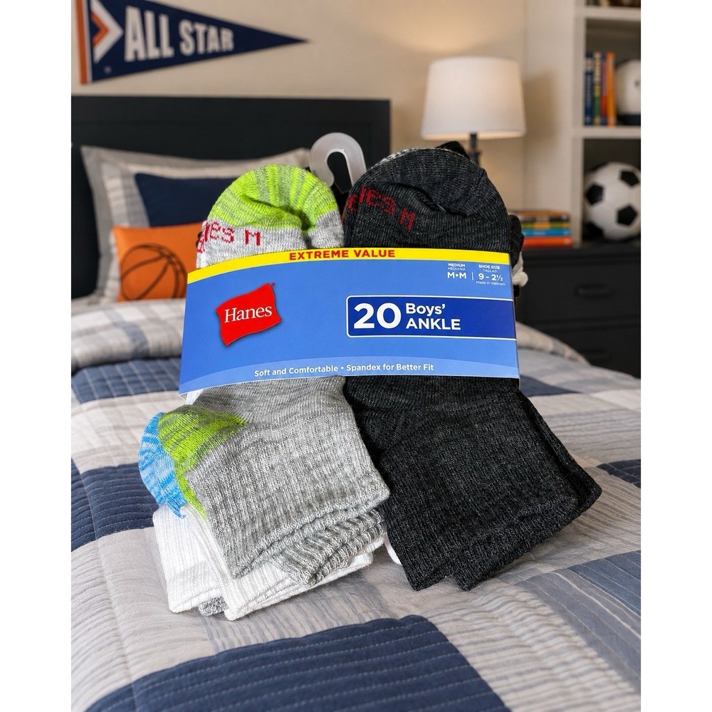 Hanes Boys Ankle Socks 20 Pack Size M Shoe 9-2.5 Soft Stretch Multicolor NWT